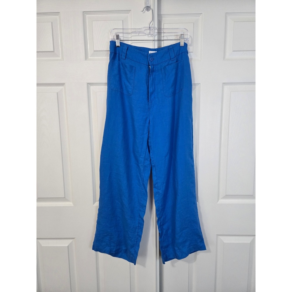 Nicole Miller New York Cobalt Blue 100% Linen Wide Leg Pants Womens Size 10 High